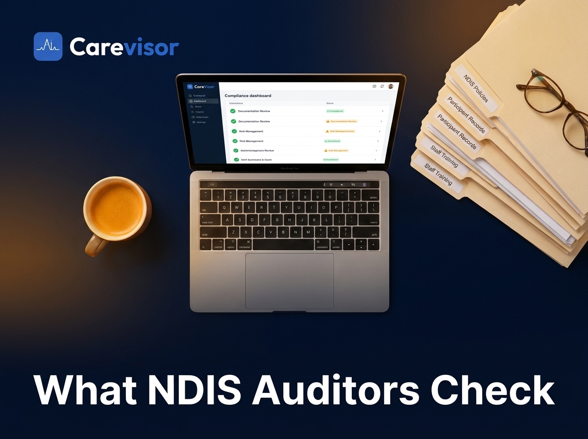 CareVisor compliance dashboard, audit checklist, and policy folders showing what NDIS auditors check during a provider audit.