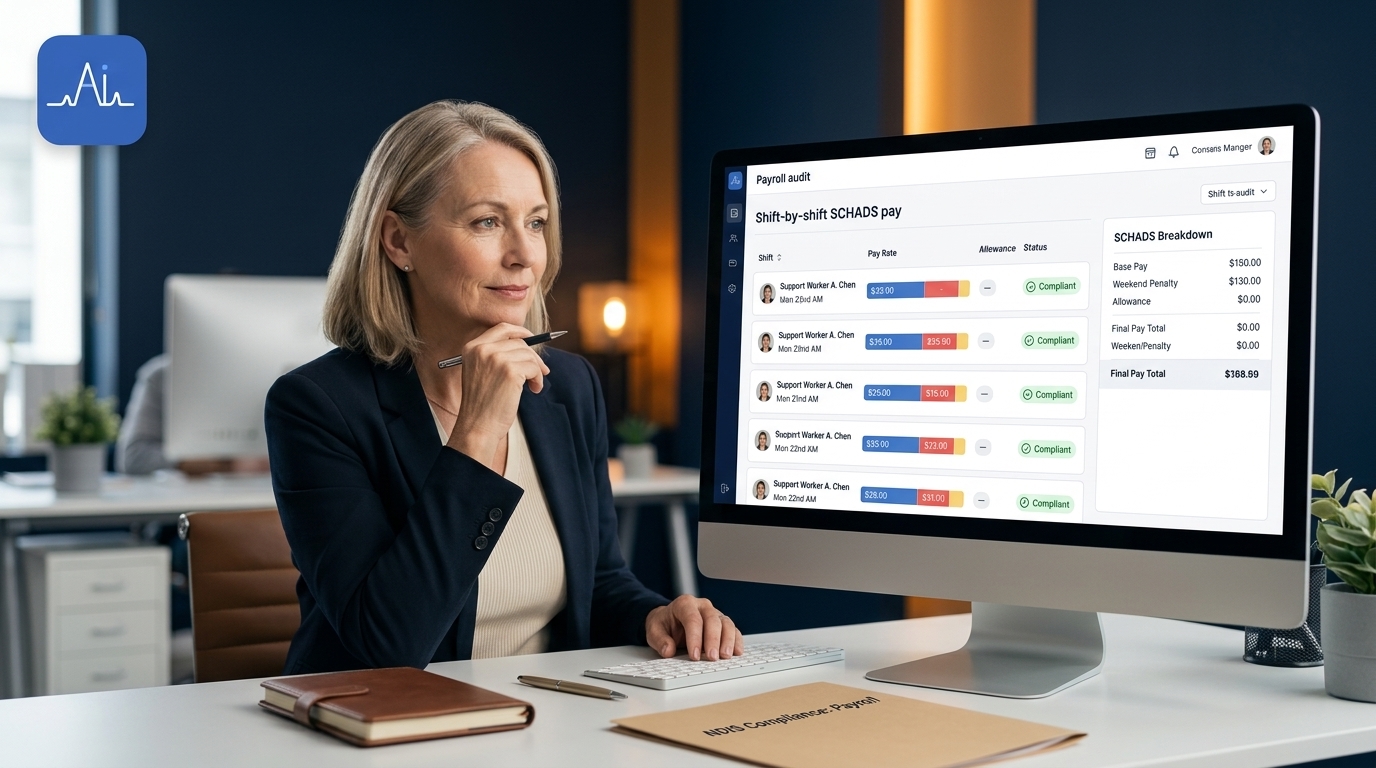 SCHADS payroll audit dashboard showing shift-level pay calculations and penalty rates for an NDIS provider.