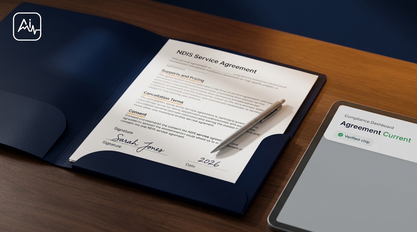 NDIS service agreement requirements shown on a signed participant agreement for a registered provider.